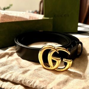 Gucci - GG MARMONT LEATHER BELT WITH SHINY BUCKLE